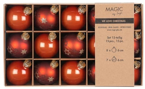 Weihnachtskugeln mit Verzierung aus Glas 6cm x 15 Stück in Kartonbox Christbaumkugeln (Warm Terracotta)