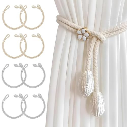 Guyode 8 Pezzi Fermatenda, Fatti a Mano Corda Ganci per Tende, Raccogli Tenda per Interni, Fermi per Vorhang Halter Schnallen, Accessori per Tende per Casa (Grigio, Beige)