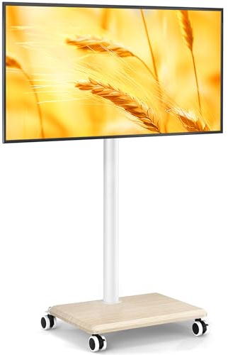 5Rcom Carrello Porta TV con Ruote per TV da 27-60 Pollici, Supporto TV da Pavimento Regolabile in Altezza e Girevole con Base in Legno - VESA Max 400x400mm, Portata Massima 40kg (Beige)