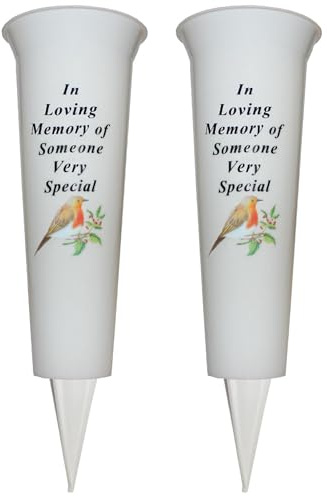 Set of 2 Memorial Grave Flower Pot - 33cm tall Sturdy White Memorial Graveside Flower Vase with Spike and Robin Image (Someone Special)