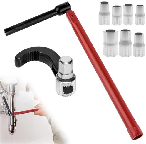 13mm Llave Apretar Grifo Fregadero con Adaptador 8-17 mm, Llave Tuerca para Instalación y Reparación Bajantes, Herramienta Universal Instalaciones Sanitarias, Llaves Tubo Huecas para Sustitución Grifa