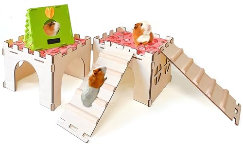 Acsist 2PCS Guinea Pig Hideout,Large Wooden Guinea Pigs House with Stairs and Mats,Detachable Guinea Pig Castle Hide for Small Animals Hamster Chinchilla Ferret Habitats Accessories