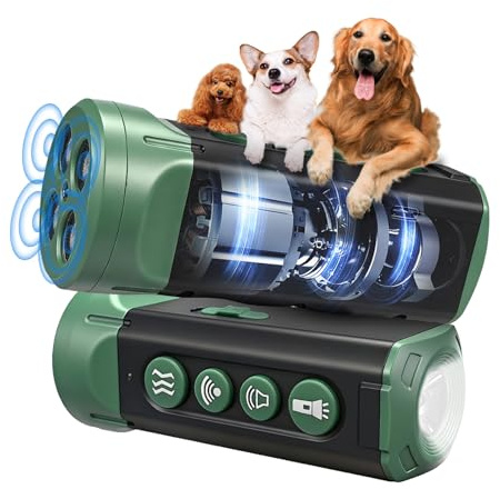 Quenxiyu Dispositivo anti-abbaio 6 in 1 per cani, collari per addestramento, collare antiabbaio, ricaricabile, 15,2 m, silenziatore per cani con 4 porte di emissione ad ultrasuoni e torcia (verde)