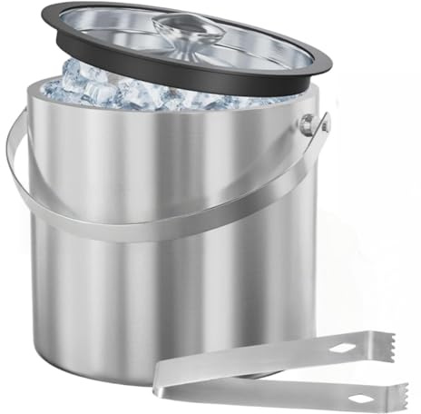 Double Walled Stainless Steel Insulated Ice Bucket 1.6 L with Lid, Ice Tong, Round Double Wall Ice Bucket Wine Bucket for Home Bars, Party, Beer, BBQ, Champagne and Wine