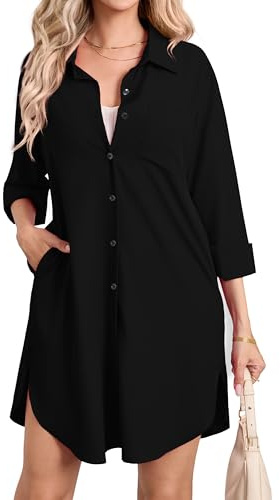 Enmain Womens Long Sleeve Blouse Shirt Dress Button Up Tunics with Pockets Casual Blouses Tops Black XL