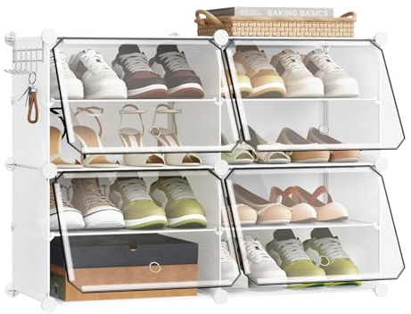 WOLTU Scarpiera con 4 ripiani, salvaspazio, con gancio, portascarpe in plastica, per corridoio, camera da letto, ingresso, per 16 paia di scarpe, fino alla taglia 44, colore: bianco