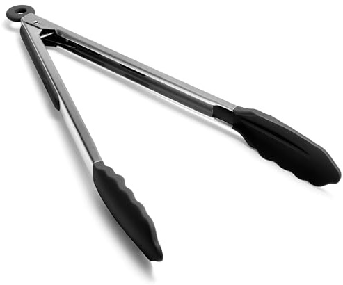 Doosu Grillzange Küchenzange Edelstahl Silikonspitzen, 315℃ Hitzebeständige Silikon Kochzange mit glatter Verriegelung, Rostfreier Langgriff für Heißluftfritteuse, Grill, Nudeln, Salat (30cm，Schwarz)