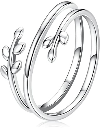 CHENGMEN Cute Tree Leaf Double Ring 925 Sterling Silver Open Rings Adjustable Size Simple Style for Women Girls Gifts