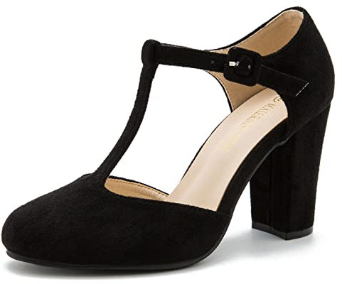 Women's T-Strap Block Chunky Heel Mary Jane Pumps Cut Out Wedding Dress Shoes, Suede Black, 12