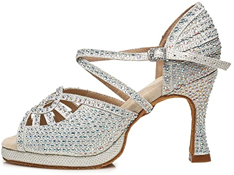 HRYOL Donna Raso Scarpe da Ballo Latino con Plateau Scarpe Ballo Strass Salsa da Sala L458 Argento 8.5cm Tacco, EU37