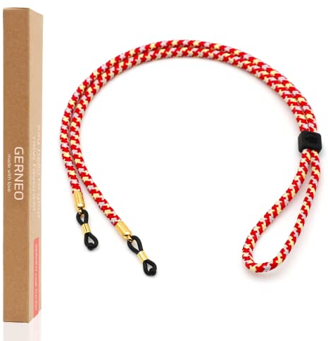 GERNEO® – DAS ORIGINAL – Florenz – Premium Brillenband für Sonnenbrillen & Lesebrillen Fire mit Gold Halterungen – verstellbar mit Kabelzug & Logogravur