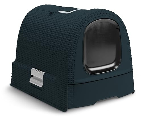 Curver Maison de Toilette pour Chat -Bac à Litière Fermé -Compartiment Inférieur Amovible pour Un Nettoyage Facile -Pelle à Litière et Tapis de Sol Inclus - 51cm x 39cm x 40,5 cm - Bleu de Minuit