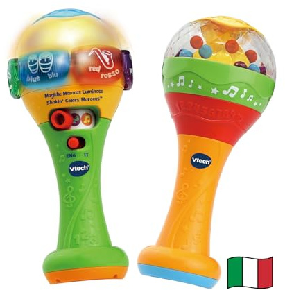 VTech Le Magiche Maracas Luminose, Strumento Bilingue per Bambini, Giocattolo per Neonati in Italiano e Inglese, Libro Neonato con 3 Modalità, Lingua Italiana, Batterie Incluse, 9-36 Mesi