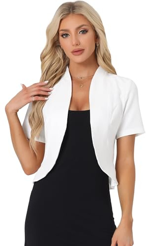 Allegra K Women Open Front Short Sleeve Blazers Business Shrug Jacket | Collarless, Cropped, Office Business, Open Front Blazer, 3/4 Sleeves Cardigan