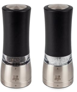 PEUGEOT - elektrische u‘Select-Pfeffer- und Salzmühlen Daman 16 cm im Set + Pfefferkörner + Steinsalz - 6 voreingestellte Mahlgrade - Aluminium - Französisches Design - Schwarz