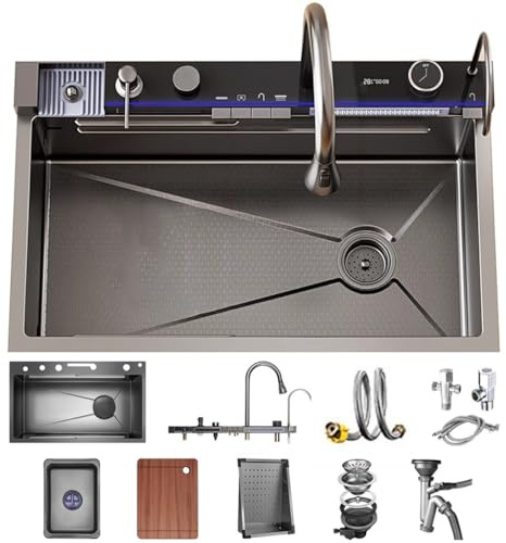 OMGMTSTORE Fregadero en cascada 75x45cm,Fregaderos Negro Antracita cocina acero inoxidable,Fregadero cocina 1 seno,con fregadero interior de repuesto,tabla de cortar,sifón,juego de desagüe y descarga