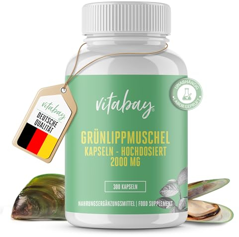 Vitabay Grünlippmuschelextrakt 2000mg Hochdosiert - 300 Grünlippmuschel Kapseln mit hoher Bioverfügbarkeit - Green lipped mussel capsules Laborgeprüft & ohne unerwünschte Zusätze