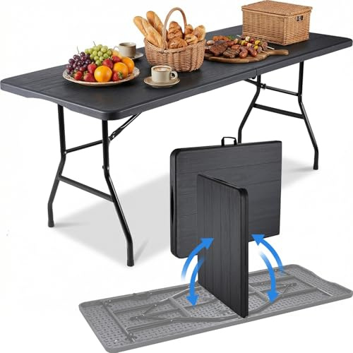 Gartentisch Klappbar 180x75cm,Buffettisch Klappbar, Campingtisch mit Tragegriff,Klapptisch für 10 Personen,Wetterfest Partytisch für Garten Terrasse Balkon,Holzmaserung Nachgeahmt,bis 150kg,Holz-Optik