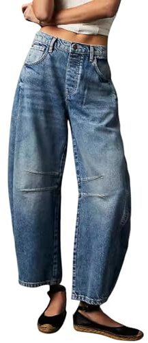 CHARTOU Barrel Jeans - Pantalones de Mezclilla Holgados de Pierna Ancha para Mujer, Pantalones de Mezclilla Tipo harén, Azul, Small