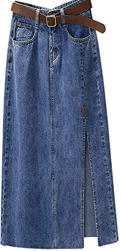 Falda Vaquera Negra para Mujer - Midi Larga de Verano, Lápiz, Azul, Cintura Alta, Paquete Dividido, Cadera, Línea A, Media Falda