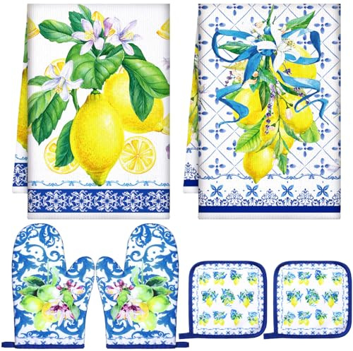 Bencailor 6 Pcs Lemon Kitchen Towels Oven Mitts and Pot Holders Set | Decorative Dish Towels, Tea Washcloth, Non Slip Heat Resistant Oven Gloves, for Christmas Home Cooking Baking