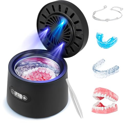 Ultraschallreinigungsgerät Zahnschiene 45000Hz,3 Stufen Tiefenreinigung,UV-Sterilisation,Trocknungsfunktion,Ultraschallreiniger Für Zahnprothesen,Zahnspangen, Zahnbürstenköpfe,Ringe,Ohrringe (Schwarz)