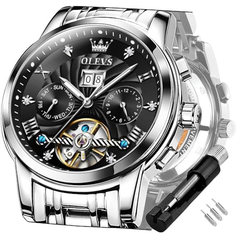 OLEVS Silber Schwarz Automatikuhren für Herren Tourbillon Automatik Mechanik Luxus-Kleid Edelstahl Armband Leuchtend wasserdicht Herren-Armbanduhr