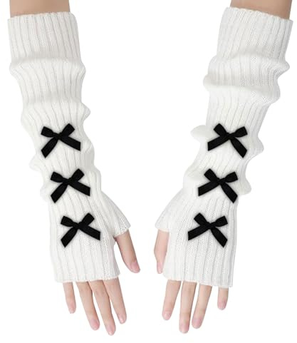 Feelorna Women Arm Warmers, Soft Knitted Long Sleeve Fingerless Gloves Mittens with Thumb Holes, Ladies Fashion Cute Y2k Bow Tie Wrist Warmers for Autumn Winter
