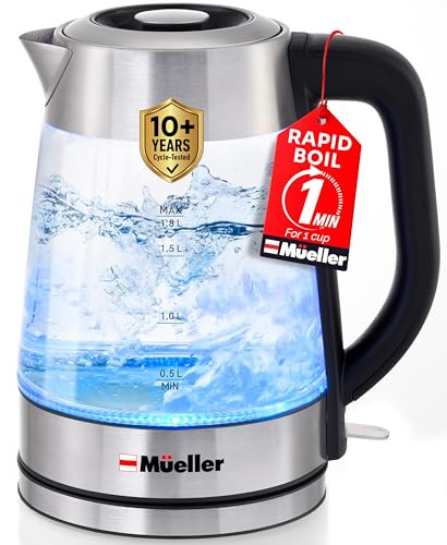 Mueller Rapid Boil Electric Tea Kettle 1.8L – Borosilicate Glass & Stainless Steel – BPA-Free Hot Water Boiler, LED Light, Auto Shut-Off, Boil Dry Protection Fast Water Heater – Kitchen Appliances