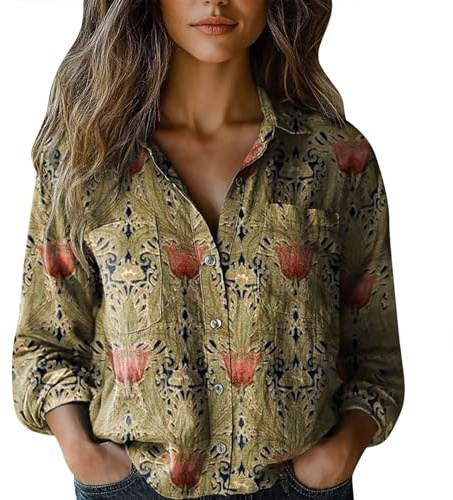 Flanellskjorta dam 2024 långärmad jul bomullsskjorta tryckt mode button down-skjortor vardagliga toppar långärmad blus färgglada t-shirts kvinnor, Khaki, M