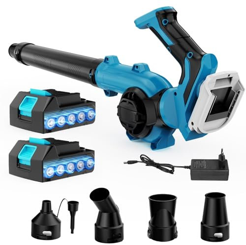 21V Soplador de Hojas Eléctrico con 4 Boquillas, Soplador de Hojas Eléctrico sin Cable Compacto de 3 Velocidades con 2X Baterías de 3Ah y Cargador, Ajuste Giratorio de 270° del Soplador de Hojas
