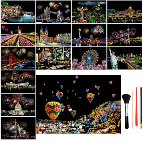 16Pcs A4 Scratch Art Paper for Adults, Rainbow Night View Scratch Template, Scratching Cards Kit with World Famous Landmarks & Fireworks and 4 Tools for Christmas Birthday DIY Craft Gift