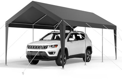 VEVOR Carport, 3,05 x 6,09 m, Abri de Voiture Robuste avec Cadre en Acier, Abri de Garage Extérieur, Résistant aux UV et à l'eau, Protection Toutes Saisons, Auvent pour Voitures, Bateaux, Moto, Gris