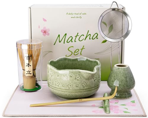 Doublewhale Matcha Set - Whisk and Bowl Kit, Matcha Whisk Set 7PCS Ceramic Bowl and Holder, Bamboo Scoop and Holder, Sifter, Tea Cloth, Making Kit Gift for Beginners and Enthusiasts with Elegant Box