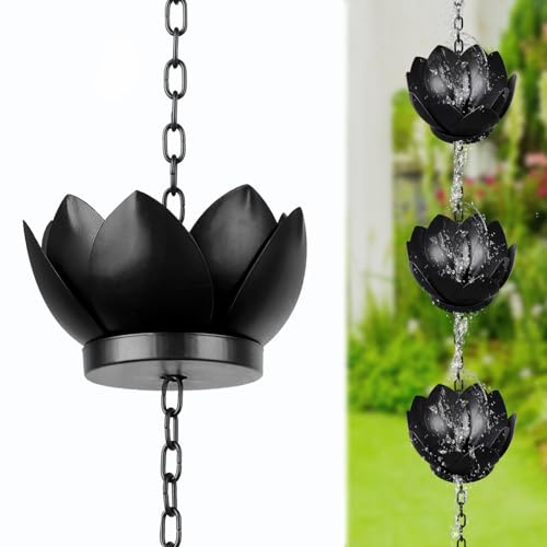 128cm Regenkette Ablaufkette, 5 Schwarz Lotus Regenwasserkette, Dekorative Regenfängerkette, Dachrinnenkette Regenablaufkette, Wasserfall-Effekt Terassendeko Hängende Regenkette für den Außenbereich
