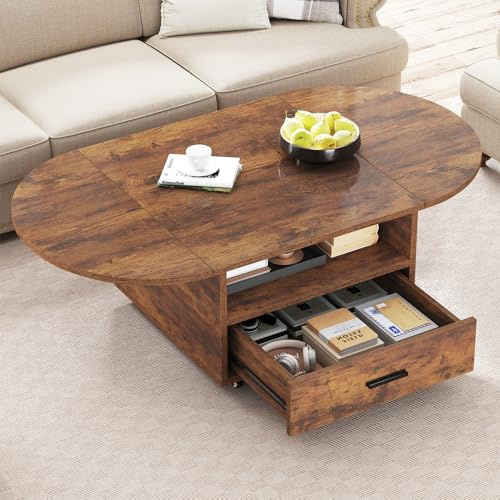 IBF Foldable Coffee Table with Drawer Storage, 47 Wood Oval Living Room Tables, Modern Extendable Center Table for Bedroom, Multifunctional Rolling Tea Table with 4 Wheels for Home, Rustic Brown