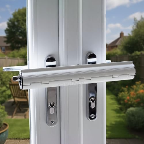 SHIELD HARDWARE Patio Door Security Lock – Heavy Duty French & Conservatory Double Door Handle Lock – Visible Anti-Intruder Deterrent, Tool-Free Installation – 5 Year Guarantee