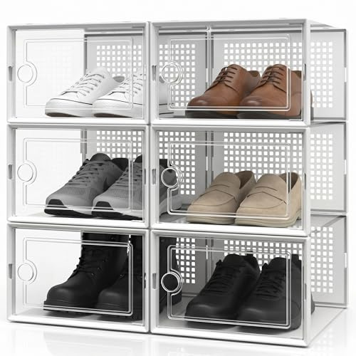 SOONHUA Set di 6 Scatole Portascarpe in Plastica Trasparenti impilabili, organizer per scarpe, impilabili orizzontalmente e contenitori longitudinali per ingresso