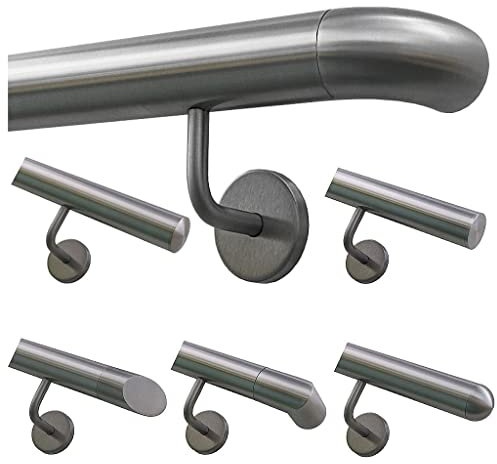 TIBU Handlauf Geländer Edelstahl Ø 42,4 mm - Länge 80 cm - Ende Bogen zur Wand und gewinkelte Halter - Rostfrei für Außen und Innen