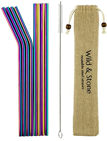 Wild & Stone | Rainbow Coloured Steel Drinking Straws | 4 Straight and 4 Curved with Cleaning Brush | Eco-Friendly, Food Grade & Dishwasher Safe Metal Drinking Straws | Rainbow - 8 Pack