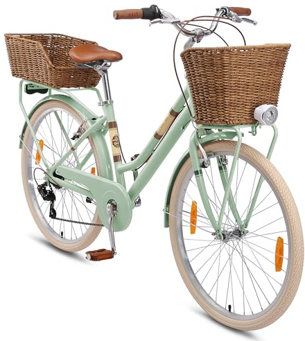 BIKESTAR VTC Vélo de Ville en Aluminium 26 28 Pouces | 7 Vitesse Shimano, Vélo Urbain pour Femme avec Sonnette, Panier, lumière et réflecteurs