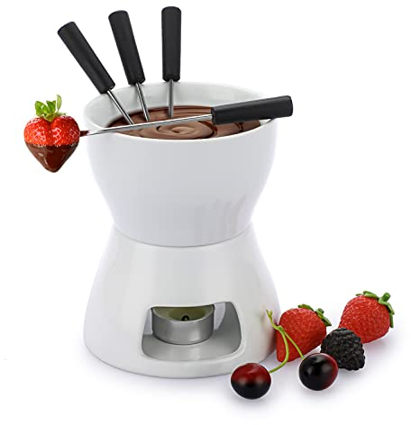 TOLIDA Juego de Fondue de Chocolate Fundidor de Queso de Blanco Figura 8 con 4 Tenedores 400ML Mini Calentador de Cerámica para Chocolate Queso Helado Mantequilla Velas