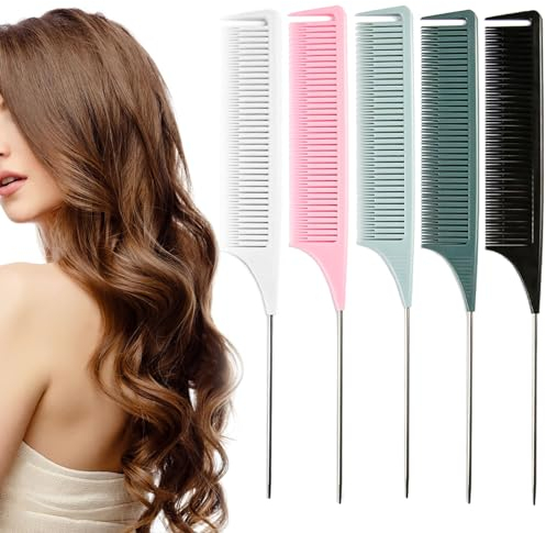 SträHnenkamm 5 Stücke Stielkamm Nadelstiel Friseur Kamm 5 Farbe Strähnchen Comb Vellen Hair Strähnenkamm Professionelle Antistatische Highlight Kamm für Haare Melieren Und Färben Styling