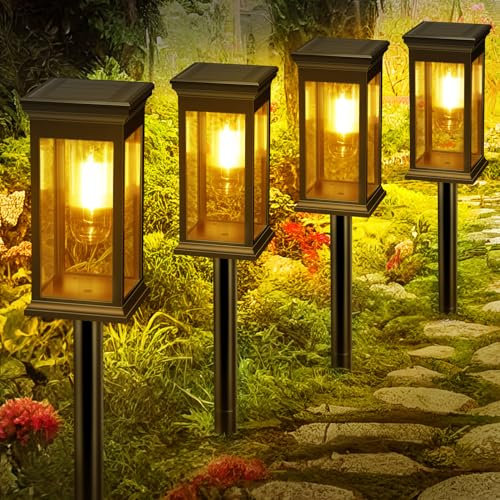 VIIIVA Solar Lights Outdoor, 4 Pack Solar Garden Lights Tungsten Glow, Warm White, 800mAh, IP65 Waterproof Auto On/Off Lighting for Garden, Patio, Path, Lawn