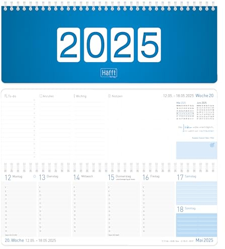Häfft® Wochen-Tischkalender 2025 quer Königsblau 1 Woche 2 Seiten, Schreibtisch-Kalender mit Sprüchen, Wochenkalender 29,7 x 11,6 cm - nachhaltig & klimafreundlich