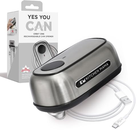 Apriscatole ricaricabile Orbit One di Kitchen Mama: Funzionamento a mani libere, ricarica di tipo C, spegnimento automatico, bordo liscio (acciaio inossidabile)