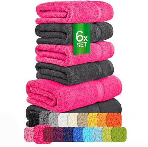 ETÉREA Handtücher 6er Set [100% Baumwolle] - Carli Graphit & Pink - 2X Duschtücher 2X Handtuch 2X Gästehandtücher - Kleine Handtücher - Handtuch Set Badetuch - Towel - Handtuch Set - Frottee 500 g/m²
