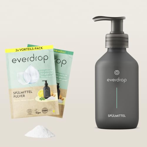 everdrop Detergente para lavavajillas Starter Set (2 x 25 g en polvo – incluye botella de detergente) – eficaz y duradera limpieza contra la grasa con aroma a limón y menta y jengibre