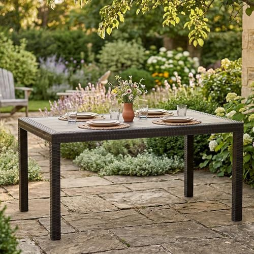 Dmora - Tavolo da esterno Giove, Ripiano rettangolare da giardino, Tavolo da giardino multiuso effetto rattan, 100% Made in Italy, 150x90h74 cm, Antracite