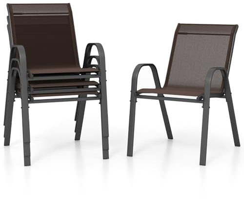 GOPLUS Gartenstühle 4er Set, Bistrostuhl stapelbar mit Rückenlehne Armlehne, Balkonstuhl aus Metall bis 150 kg belastbar, Stapelstuhl Essstuhl Outdoor für Garten Terrassen Balkon Pool (Braun)